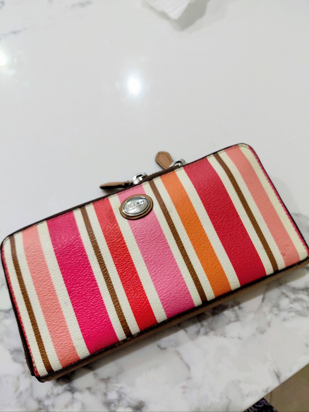 Coach New Striped Coated Canvas & Saffiano Leather Trim Multi Function Wallet